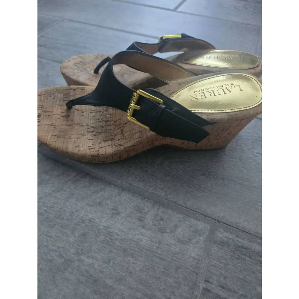 Women's Lauren Ralph Lauren Oralee‎ Wedge Sandal Black Leather and Cork Size 7.5